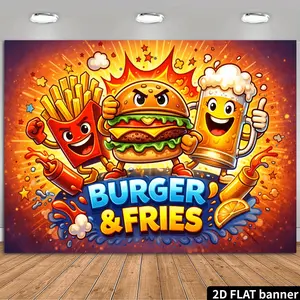 2D Flat Banner, 1pc Themed Backdrop Featuring Hamburgers And Fries, with a Cartoonish Design on an Orange Background. Made from Durable Polyester, It Is Suitable for Fast Food Restaurants, Food Parties, And Event