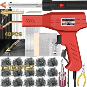 220W Plastic Welder, 1200PCS Staples 40PCS Rods Plastic Welding Kit, 5 in 1 Welding Tips Tape Sandpaper Wire Mesh Stand Metal Brush Screwdriver Plastic Welder Kit Bumper Repair Kit (Red)