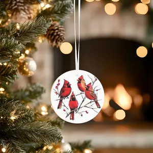 Rustic Christmas Decor Nature-Inspired Red Cardinal Ornament Handcrafted Ceramic Round Circle Glossy Finish Lightweight Durable Gift Decoration