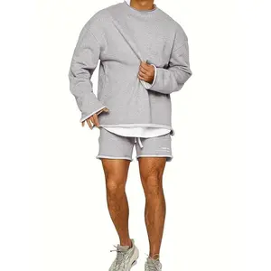 Men's Solid Long Sleeve Sweatshirt & Shorts Two-piece Set, Casual Regular Fit Pullover & Shorts for Spring & Fall, Men's Two-piece Outfits for Daily Wear