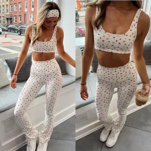 Women’s summer yoga activewear two-piece set featuring a checkered bow print: U-neck high-waisted leggings and a printed sports vest GARMENTARY