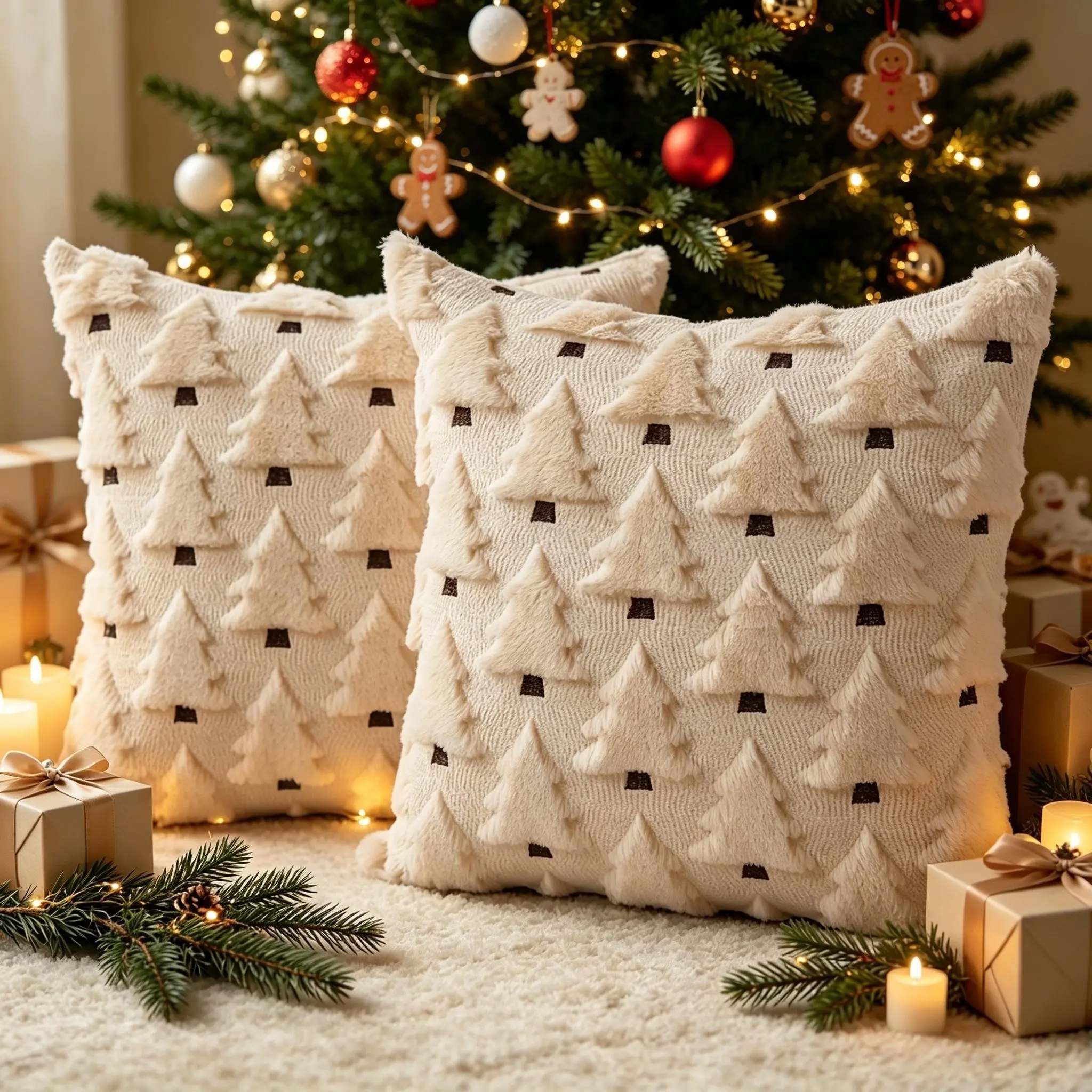 Christmas Pillow Covers 18x18 Set of 2 Christmas Decor Beige Plush Texture Christmas Tree Pattern Cushion Covers decorating sofas and bedrooms for Christmas