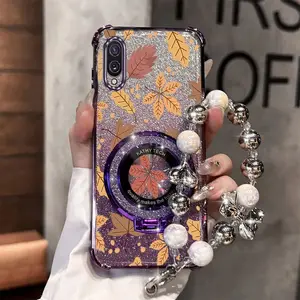 M02 Durable Transparent Magnetic Glitter Pearl Strap Lanyard Phone Holder Case For Compatible With Samsung Galaxy M02 Autumn Yellow Leaves Fall Stand Cover