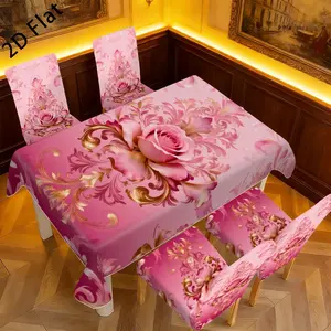 New 2D Flat Printed Tablecloth & Chair Cover Set, 5Pcs/7Pcs Rectangle Table Decor, Washable Reusable All-Season