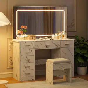 White Makeup Vanity Desk with Mirror and Lights Vanity Table with Charging Station 7 Drawers Storage Cabinet Wooden Dressing Table for Women Girls Bedroom