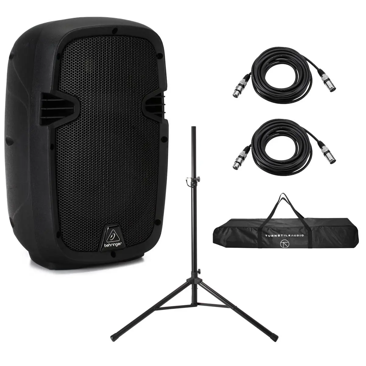 Behringer PK108A 8" 240W 2-Way Active PA Speaker w/Built-In Media Player & Mixer Bundle with Audio Height-Adjustable Speaker Stand with Carry Bag, Microphone Cable - 25'