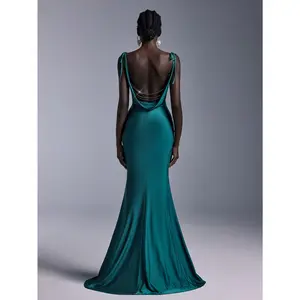 Elegant Green Glossy Knitted Sling, Shoulder Straps, Bow, Large Backless Swing Collar, Diamond Chain Decoration, Fishtail Style, Suitable