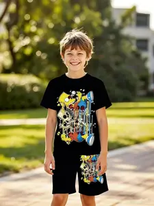 Boys' 3D Short Sleeve Set, Simpsons Family Deconstructed Cartoon Character Print, Casual Two-Piece for Outdoor, Holiday Gifts, Birthday Presents