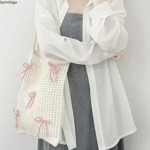 Seaside beach bag, knitted bag, openwork bag, simple shoulder bag, bow element knitted tote bag