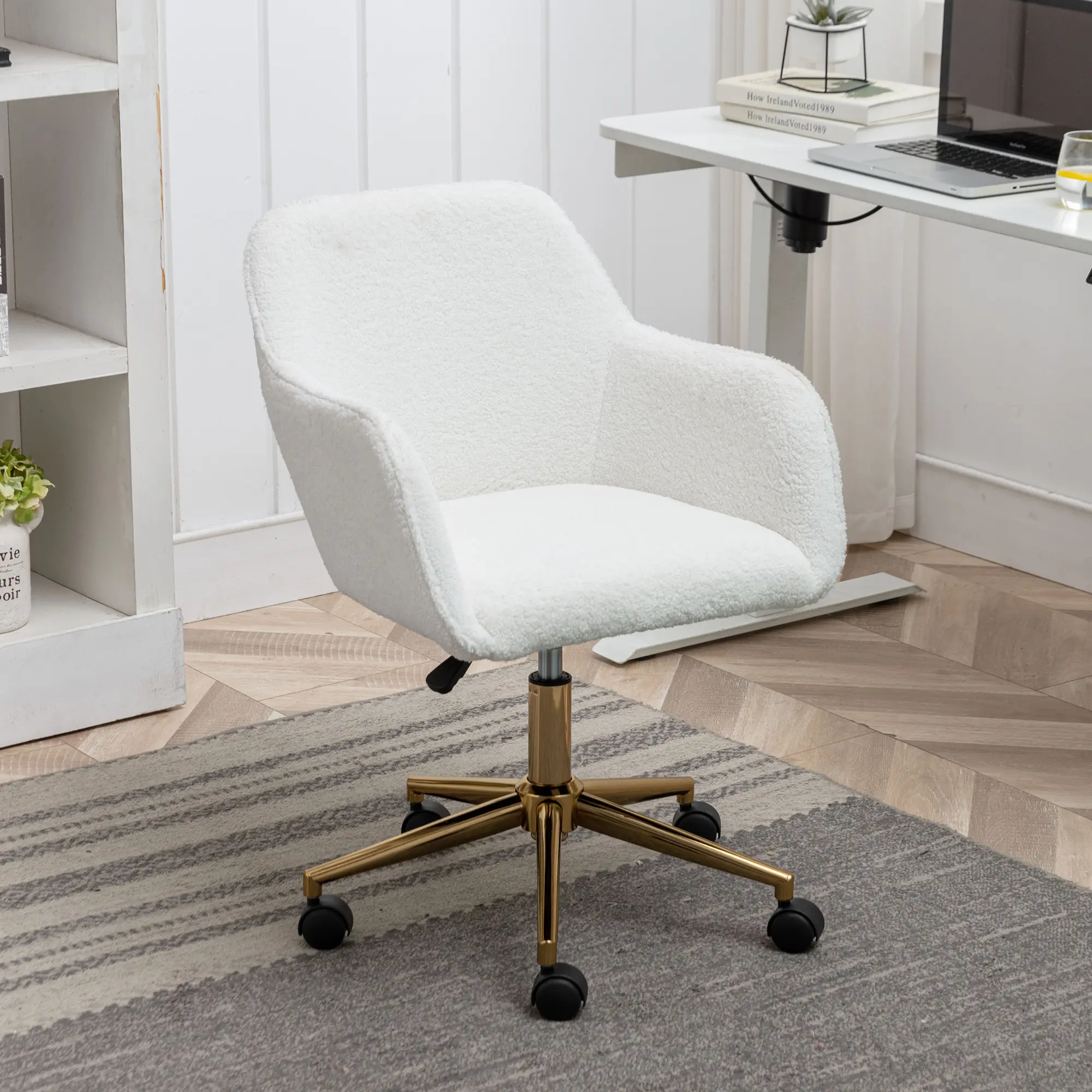 Ergonomic Teddy Fabric Office Chair – Adjustable Height 360° Swivel, Metal Legs & Universal Wheels, Supports 250 lbs for Home Office