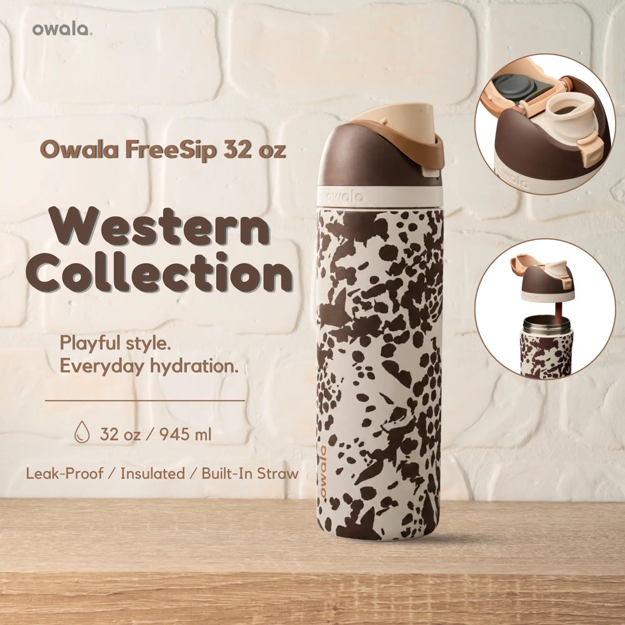 Owala FreeSip 32oz - Cowgirl Core Insulated Stainless Steel Water Bottle with Straw, Western Collection Cow Print FreeSip, Leak-Proof Tumbler for School, Work & Gym