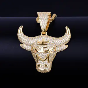 Men's trendy bull head pendant necklace Copper inlaid zircon personality hip-hop accessories#MensJewelry#HipHopAccessories#Bull Pendant#CopperNecklace