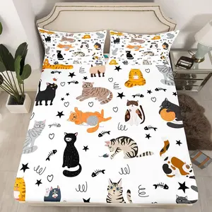 Feelyou Cute Cartoon Print Microfiber Fitted Sheet Set - Ultra-Soft, Decorative Microfiber Bedding Set, Ideal Gift for Cat Lovers, Decorative Bedding Set