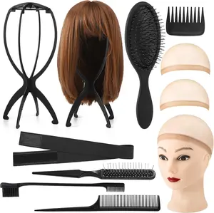 10 Pack Set 2 Wig Head Stand with 5 PCS Wig Brush Comb Hat Wig Holder Set for for Travel Home Use