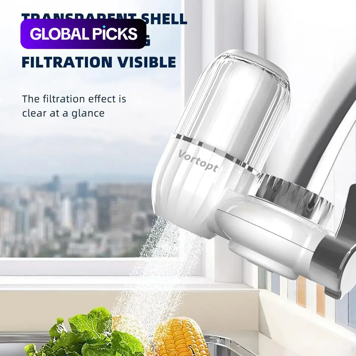 Faucet Water Filter with Transparent Shell, Home Water Filter, Sediment Carbon Filter, 400-Gallon Capacity, Tap Water Filter Mount for Kitchen and Bathroom Sink, Reduces Chlorine for Better Taste, Water Filtration System #GLOBAL PICKS