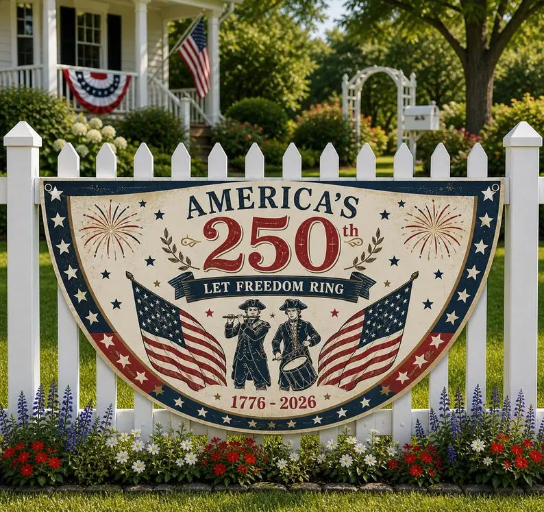 America 250th Birthday Bunting Flag, Let Freedom Ring Porch Banner | Patriotic Fence Yard Decor