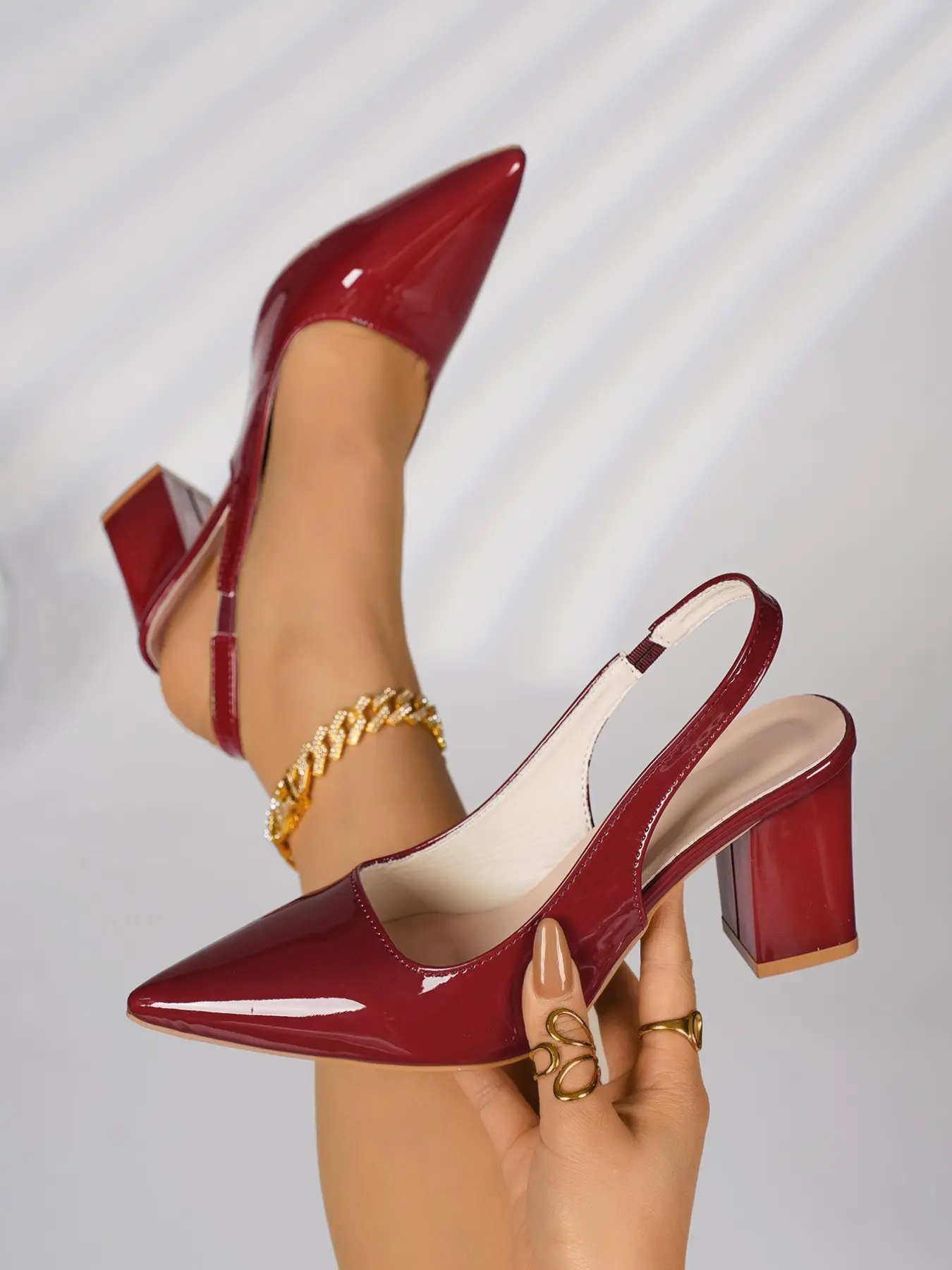 Women's Patent Leather Pointed Toe Slingback Block Heel Pumps, Minimalist Elegant Office-Chic Style, Wedding Work Heels