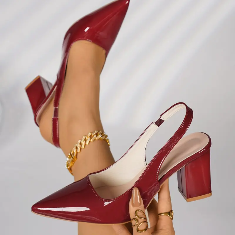 Women's Patent Leather Pointed Toe Slingback Block Heel Pumps, Minimalist Elegant Office-Chic Style, Wedding Work Heels Footwear, Exquisite Heels