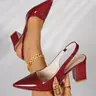 Women's Patent Leather Pointed Toe Slingback Block Heel Pumps, Minimalist Elegant Office-Chic Style, Wedding Work Heels Footwear, Exquisite Heels
