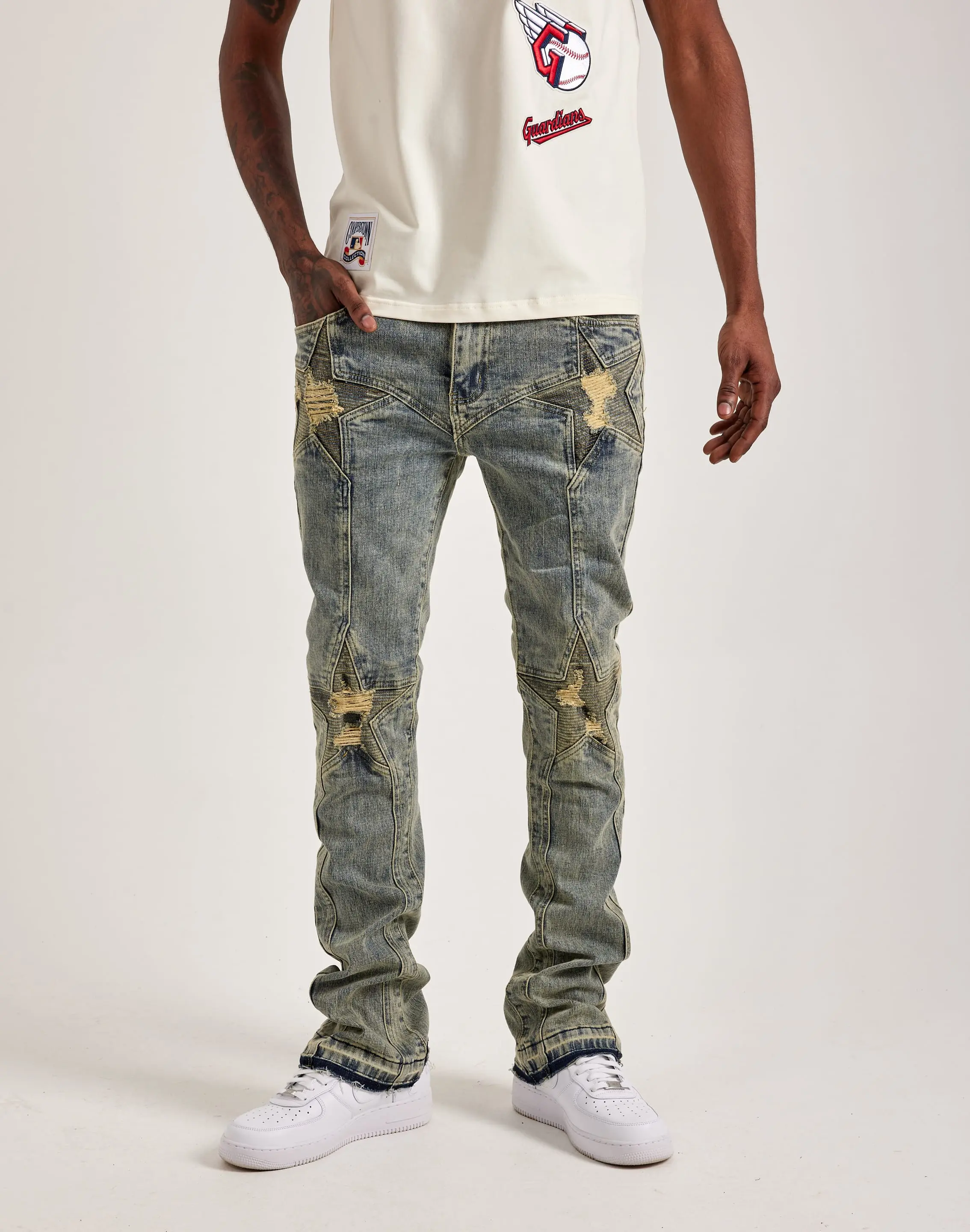 Mens WAIMEA Stacked Moto Star Distressed Denim Jeans