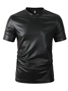 LEGND Men Solid Color Plain V-Neck Short Sleeve PU Leather T-Shirt, Summer, Boyfriend Gift, For Going Out