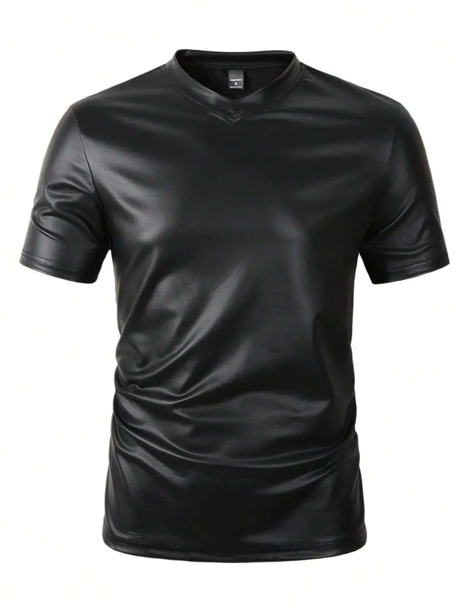 LEGND Men Solid Color Plain V-Neck Short Sleeve PU Leather T-Shirt, Summer, Boyfriend Gift, For Going Out