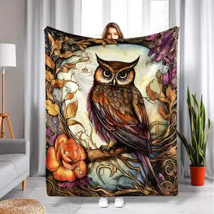 Ornate Vintage Rose Twig Owl Flannel Throw Blanket - Antique Crackle Background, Retro Aged Paper Base,Gothic Floral Vine, Brown Feather Big Eye Owl on Branch, Giant Orange Rose Soft Fleece, Witchy Cottagecore Wildlife Lover Gift