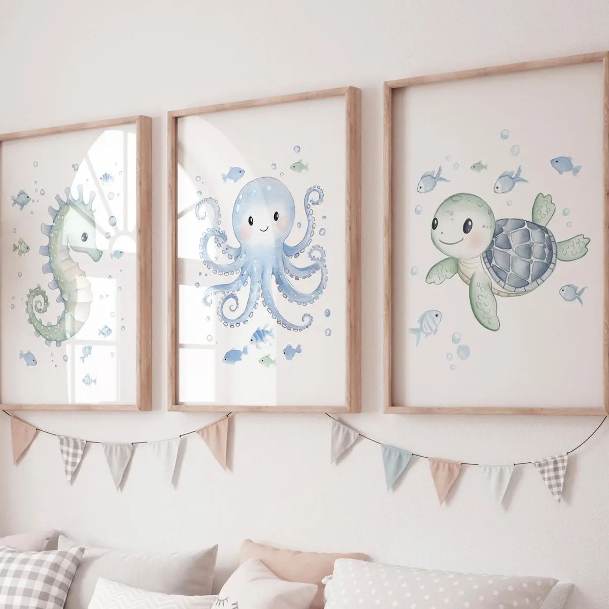 Under the Sea Nursery Wall Art – Seahorse Octopus Turtle Prints – Ocean Baby Room Decor – Sea Animal Watercolor Art for Kids, Room Decor, Unframed