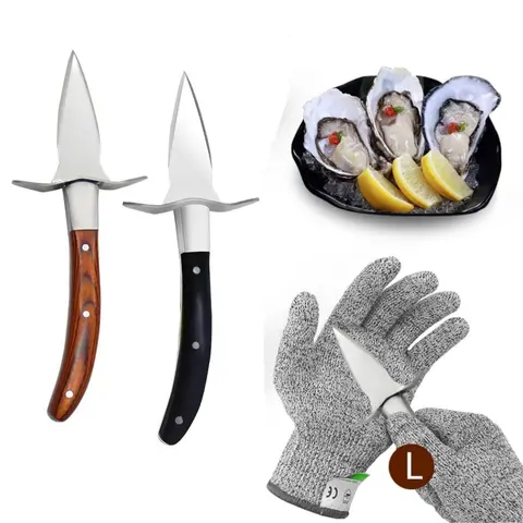 3 PCS Oval Oyster Shelling Knife Set with L-Size Cut-Resistant Gloves - Stainless Steel Blade, Non-Slip Ergonomic Handle, Protective Stopper - Work Safety Kitchen Utensil for Chefs - Opens Clams, Scallops - Wooden Component for Picnics, Seafood Parties
