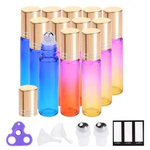 PrettyCare Roller Bottles 10ml (12 or 24Pack Rainbow Glass, Golden Cap, 24 Labels, 2 Extra roller balls, Opener, 2 Funnels) for essential oils, Roll on Bottles