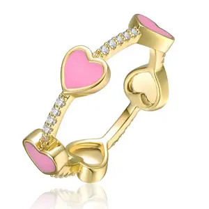 Guili 14k Gold Plated Stacking Ring with Pink Enamel Heart and Sparkling Cubic Zirconia, Perfect for Kids, Teens, and Trendy Jewelry Lovers