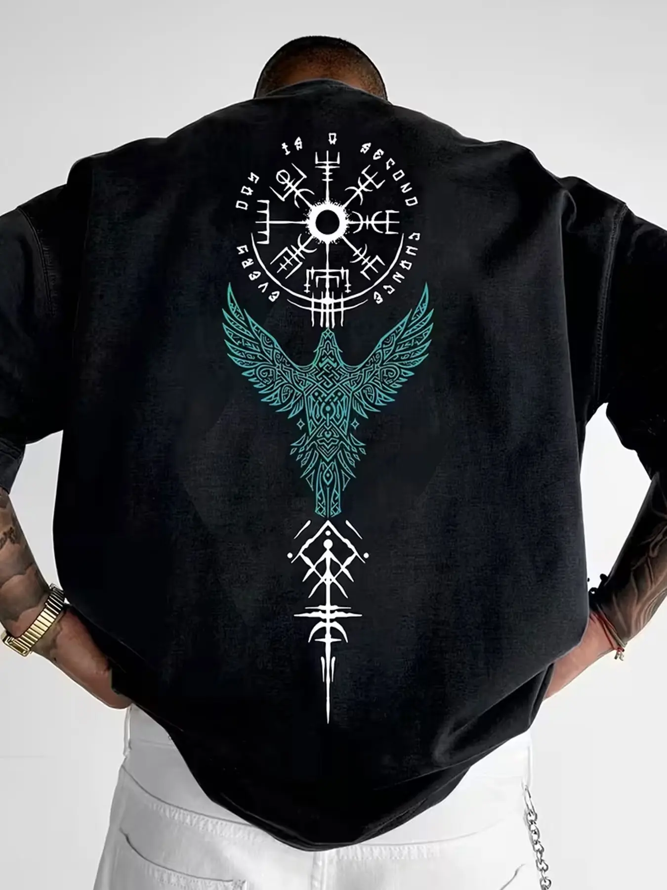 Men's Viking Raven & Vegvisir Graphic T-Shirt, Norse Mythology Oversized Casual Crew Neck Short Sleeve Tee (Black)