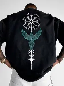 Men's Viking Raven & Vegvisir Graphic T-Shirt, Norse Mythology Oversized Casual Crew Neck Short Sleeve Tee (Black)