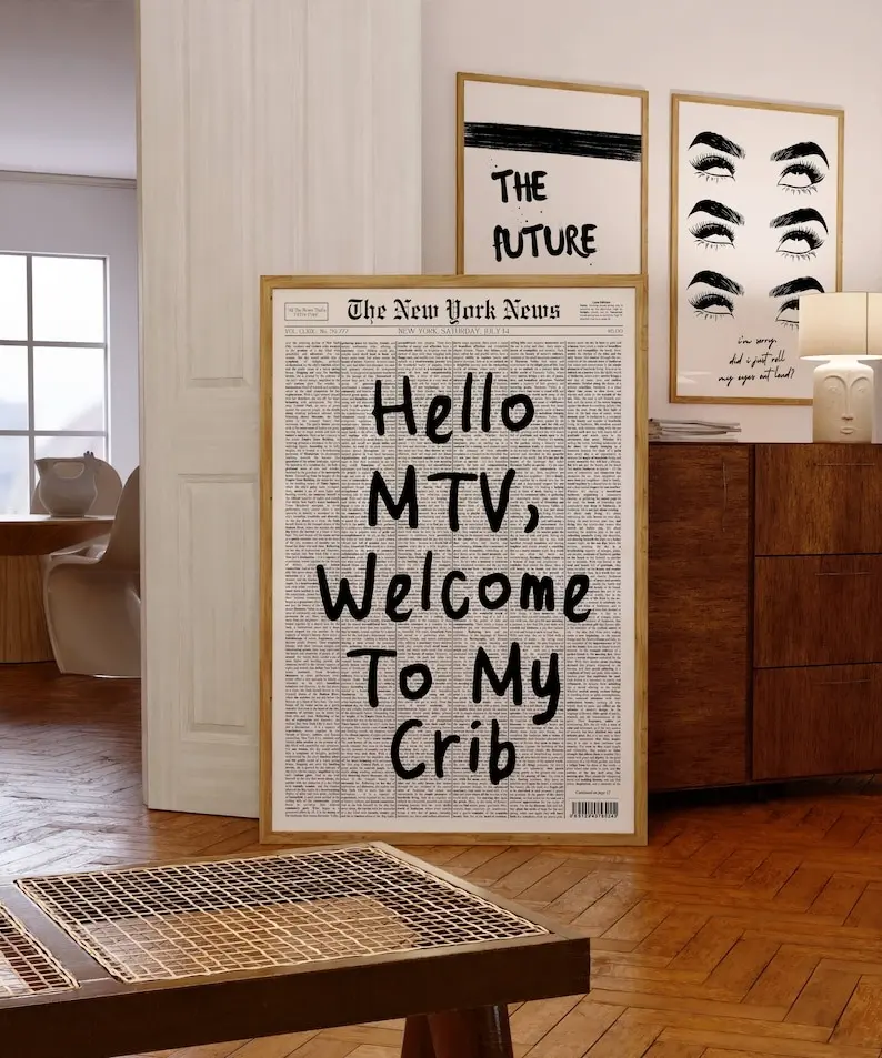 Hi MTV Poster, Welcome To My Crib Print, Newspaper Headline Poster, Apartment Aesthetic, Trendy Wall Art, MTV Print, Retro Typography Poster