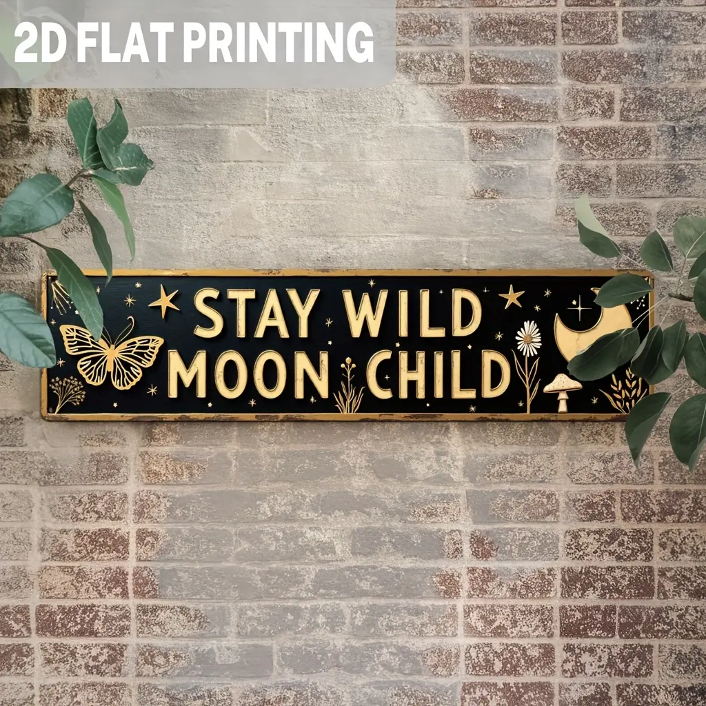 1pc "Stay Wild Moon Child" Gold Lettering Metal Wall Sign - Rectangle Vintage Dark Background Plaque, Rustic Farmhouse Starlight-Themed Decor with Butterfly Detail, Easy-Hang Pre-Drilled Holes, Home Room Decoration Gift