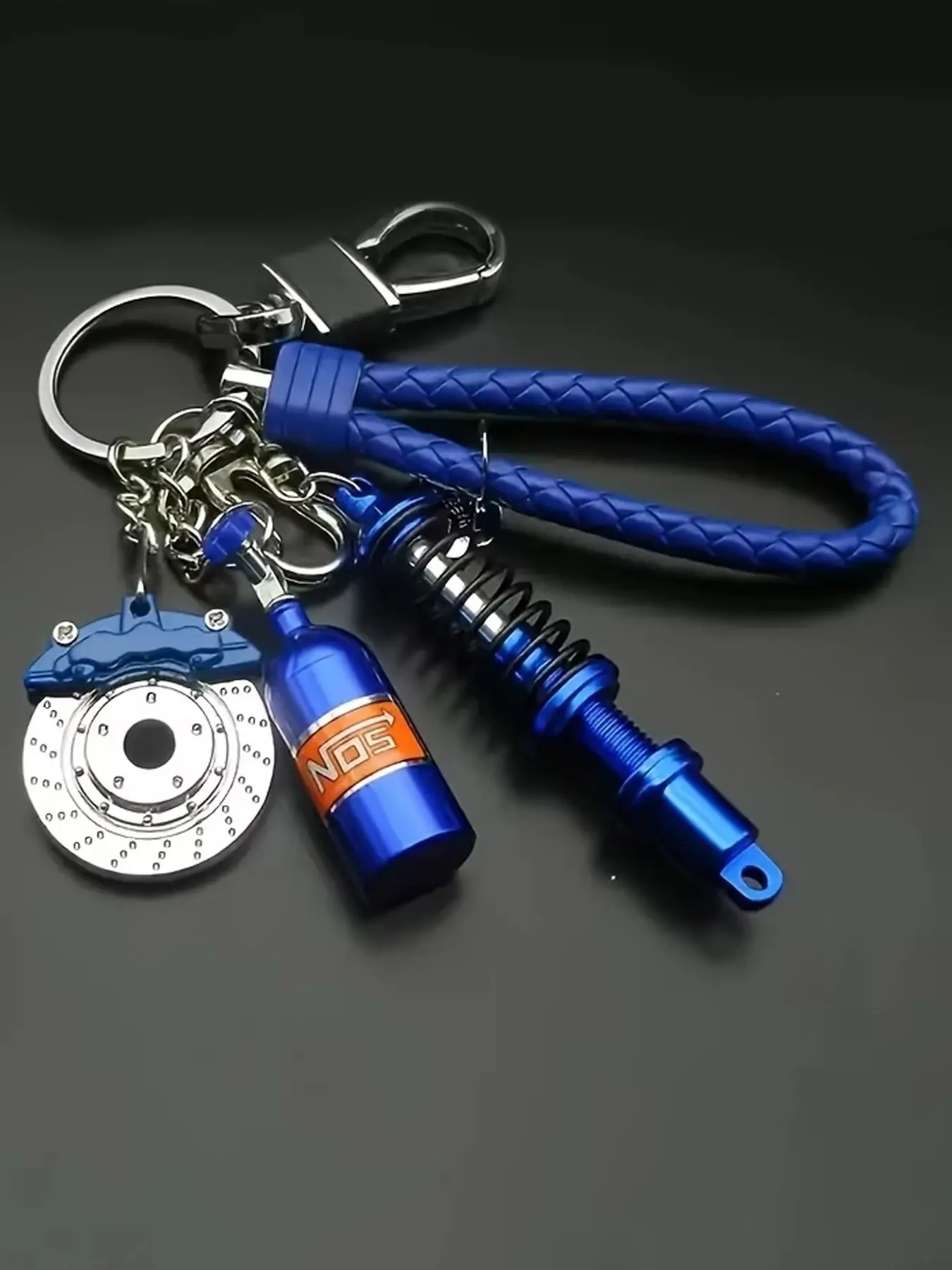 Creative Metal Keychain with Shock Absorber & Caliper & Nitrous Oxide Bottle Charm, Fashionable Accessory, Ideal Gift for Car Modification Enthusiasts, Car Key Chains