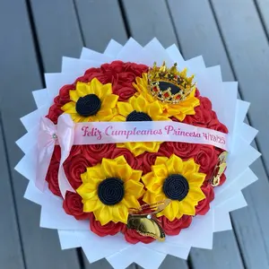 Bouquet sunflowers roses red