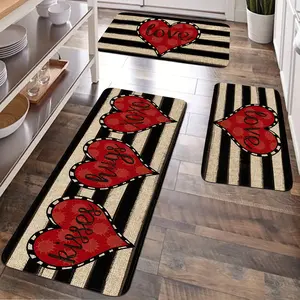 JIT 2/3pcs Valentine's Day Simple Set Kitchen Decoration Heart Carpet Kitchen Carpet Set, Flannel Bedside set Floor mat anti-slip washable bedside Soft carpet, suitable for kitchen, laundry room, corridor floor running mat carpet