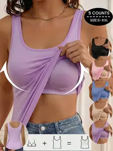 Women's Built in Bra Tank Top,Minimalist Bodycon Tank,Sleeveless Soft Basic Vest,High Elastic Soft Undershirt,Wide Straps&Round neck,Women Slim Bottoms for Daily Casual wear,Casual Fitted Sleeveless,All Seasons