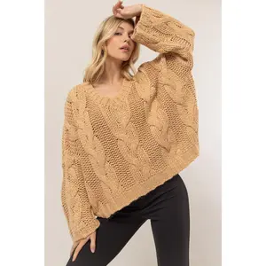 HYFVE Cable Knit V-Neck Sweater - Elegant Design, Comfortable Fit, Long Sleeves, Casual Style