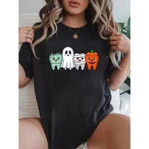 100% cotton Funny Halloween Dental Tooth Characters Dentist Cute T-Shirt Print Crew Neck Casual T-shirt short Sleeve Sports Top, Smart Casual/street Style Women's Clothing