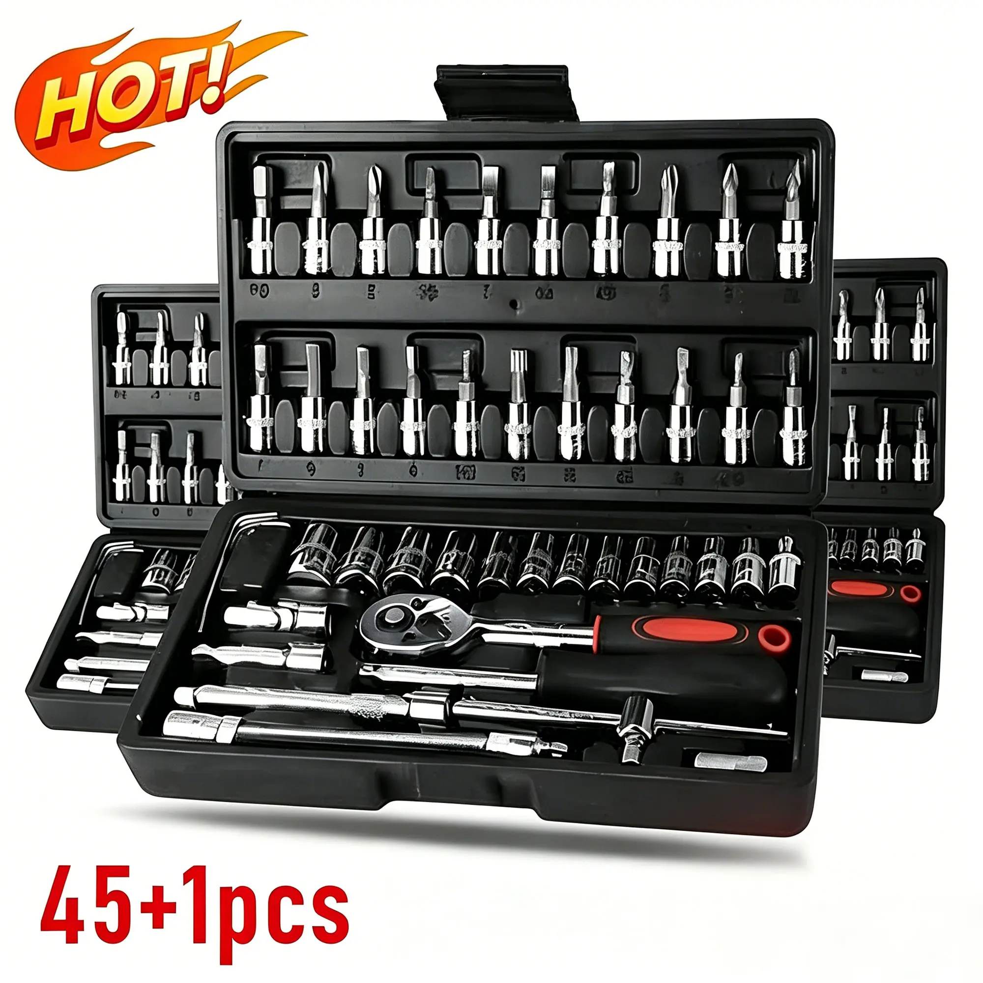 【Father's Day Gift】46-Piece 1/4-Inch Drive Chrome Vanadium Steel Anti-Rust Socket Ratchet Wrench Tool Kit Set with Bit Sockets, Metric Sizes, Extension Bar, Storage Case - Complete Kit for Auto Repair, Home DIY (Gift for Husband), Diy Enthusiasts