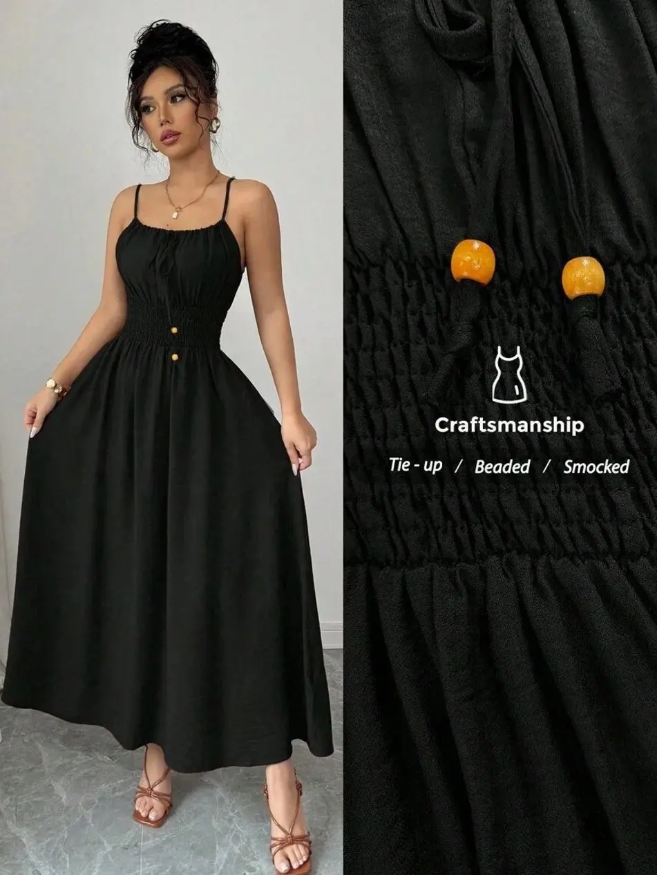 Coffee Color Linen-Like Slip Dress - Casual Summer Drawstring Waist Dress for Beach