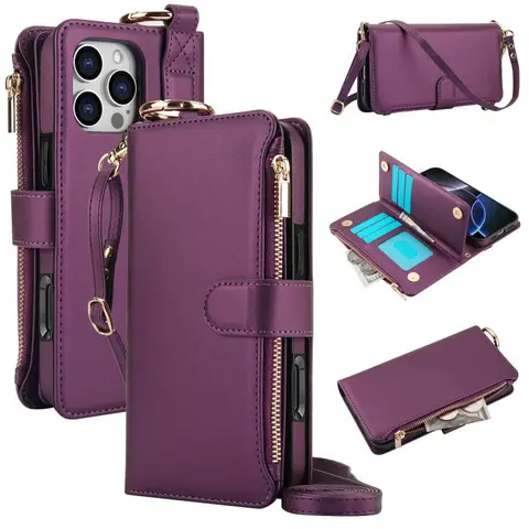 Zipper Wallet Design Phone Case with Card Slot, Leather, Multi-functional Protective Phone Case with Crossbody Lanyard, Compatible with iPhone, Durable Cellphone Cover, Smartphone Casing, Accessories