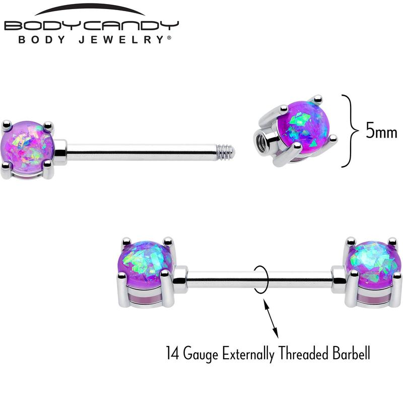 14 Gauge 9/16 Purple Faux Opal Externally Threaded Barbell Nipple Ring Set