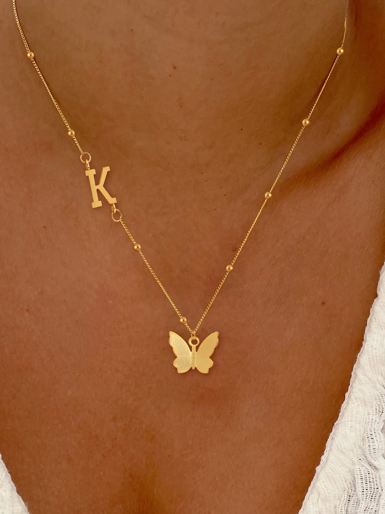 1Pcs Butterfly Initial Pendant Necklace For Women Initial Letter Necklace Simple Fashion Trendy Jewelry Fashionable Accessory Golden Stainless Steel Bead Chain Necklaces For Women