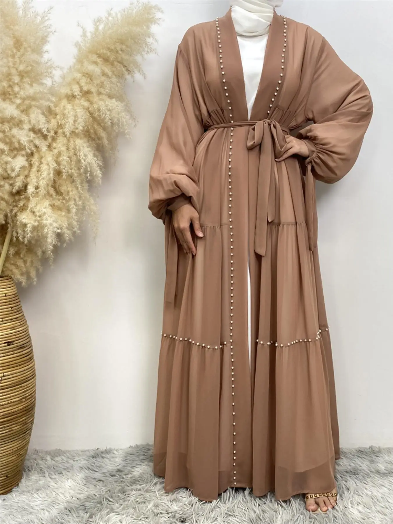 Women's Faux Pearl Decor Belted Chiffon Abaya, Modest Lantern Sleeve Open Front Abaya for Daily Wear, Women's Islamic Clothing for Spring & Fall