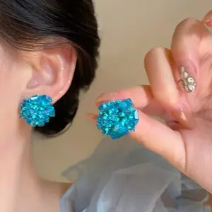 Cool Summer Blue Hydrangea Beaded Stud Earrings, Skin-Flattering Niche Elegant Fashion Ear Jewelry