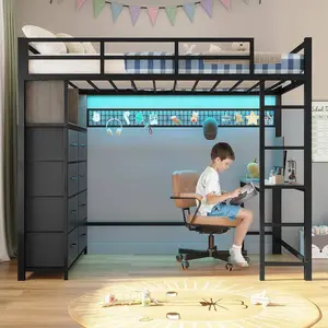 SIKAIC Smart LED Twin Loft Bed with Gaming Desk - Heavy Duty Metal High Bed with 8 Storage Drawers & Mesh Board for Bedroom Makeover