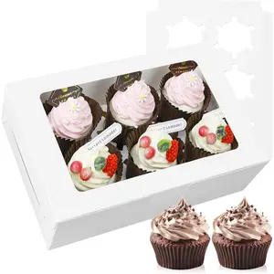 30-Set Bulk Cupcake Boxes with Clear Display Window, Hold 6 Standard Cupcakes, Disposable Food Grade White Cupcake Carrier Container for Muffins Cookies Pastries